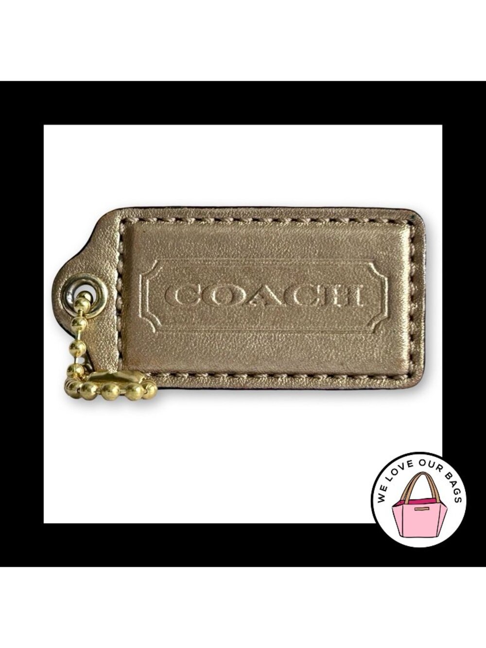 COACH HANG TAG 2.5" Gold Metallic Leather Bag Charm Keychain Fob Brass Large